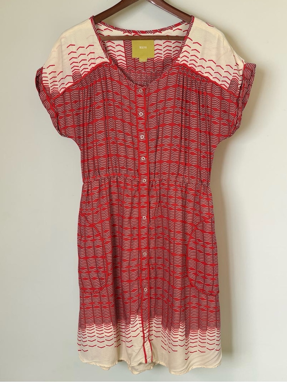 Anthropologie Maeve Veronia Chevron Print Shirt Dress Pockets Red Cream Size M - Picture 3 of 13
